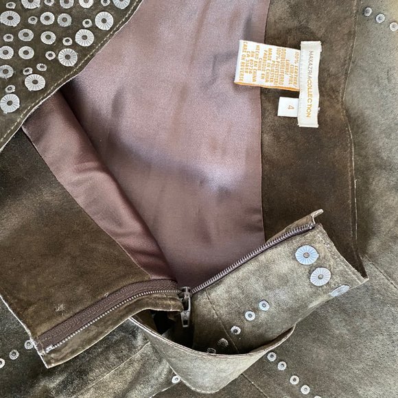 BCBG MAX AZRIA Suede A-Line Midi Skirt Side Zip Laces Studs Size 4 Knee Length - Picture 9 of 14